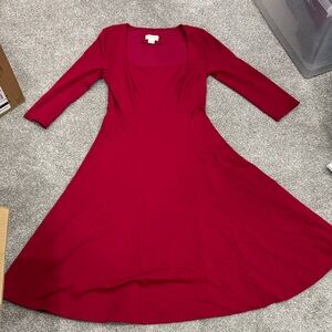 Anthropologie Maeve Red Long-Sleeve Fit & Flare Dress with Square Neck